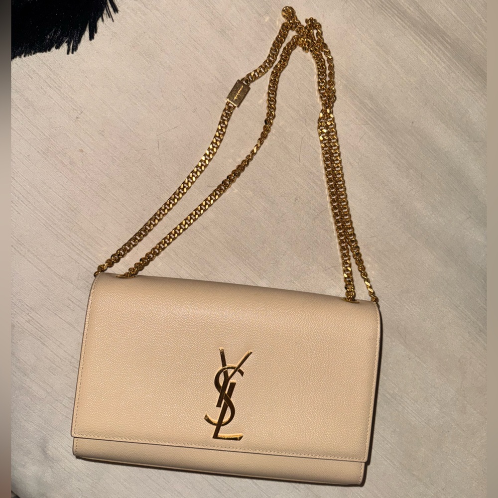 YSL nude gold leather purse crossbody shoulder chain evening clutch